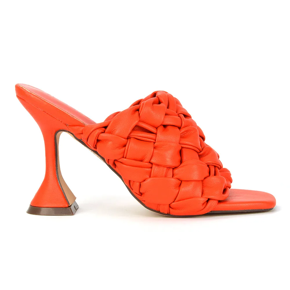 Jaci Woven Sandal Strap Square Toe Sculptured Flared Low mid High Heel Mules in Orange Synthetic Leather sold by XYlondon product image thumbnail 3