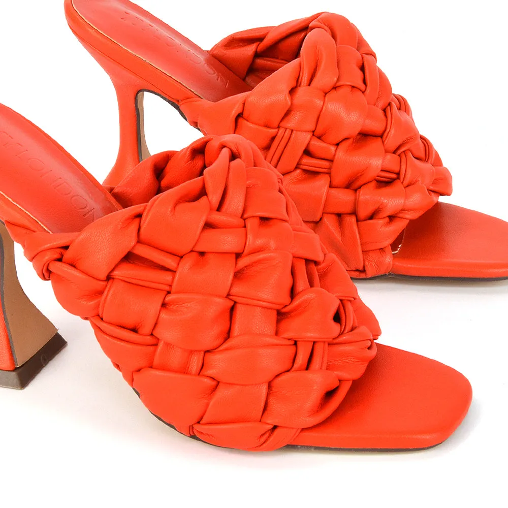 Jaci Woven Sandal Strap Square Toe Sculptured Flared Low mid High Heel Mules in Orange Synthetic Leather sold by XYlondon product image thumbnail 4