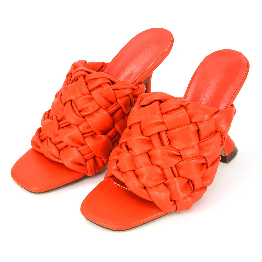 Jaci Woven Sandal Strap Square Toe Sculptured Flared Low mid High Heel Mules in Orange Synthetic Leather sold by XYlondon product image thumbnail 5