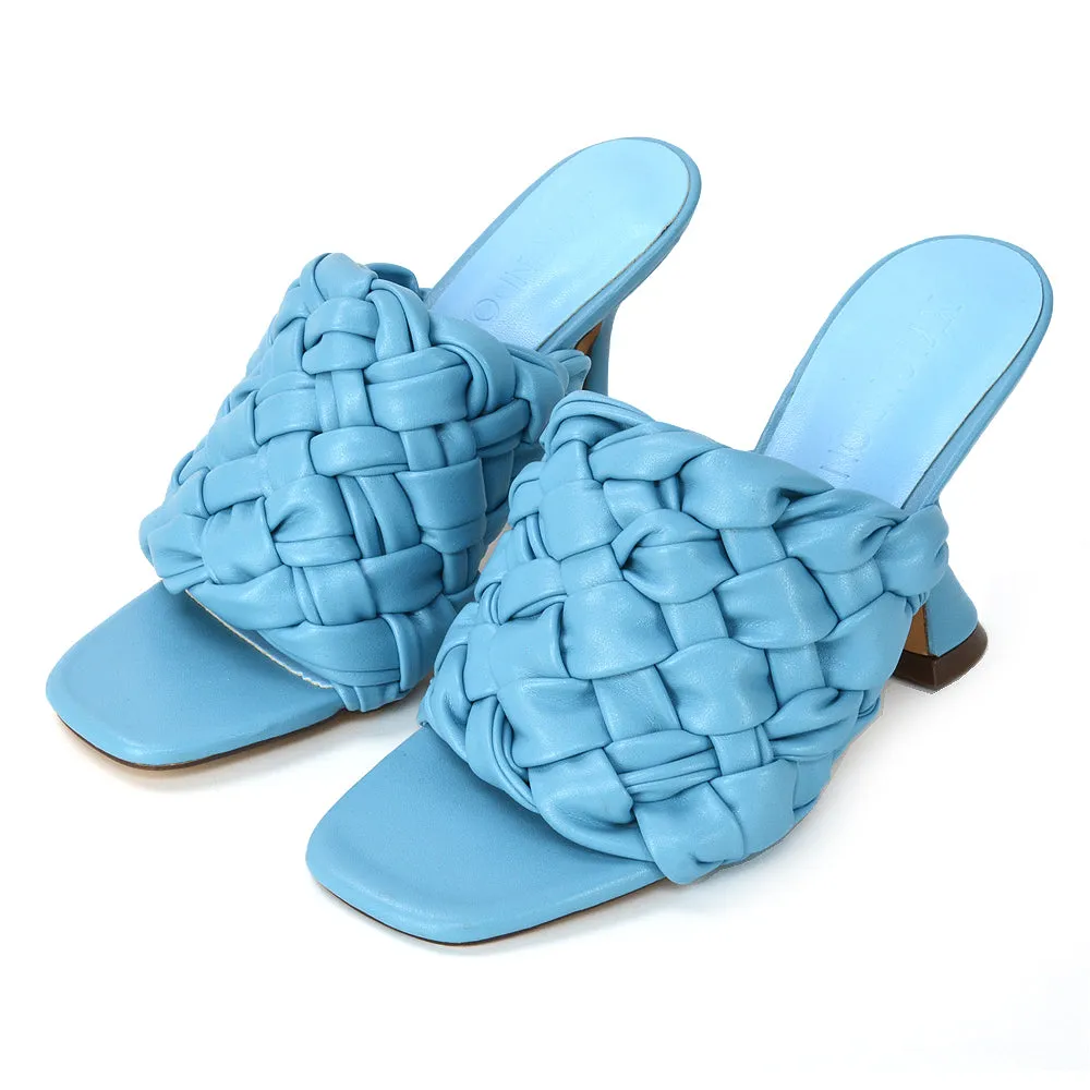 Jaci Woven Sandal Strap Square Toe Sculptured Flared Low mid High Heel Mules in Blue Synthetic Leather sold by XYlondon product image thumbnail 5