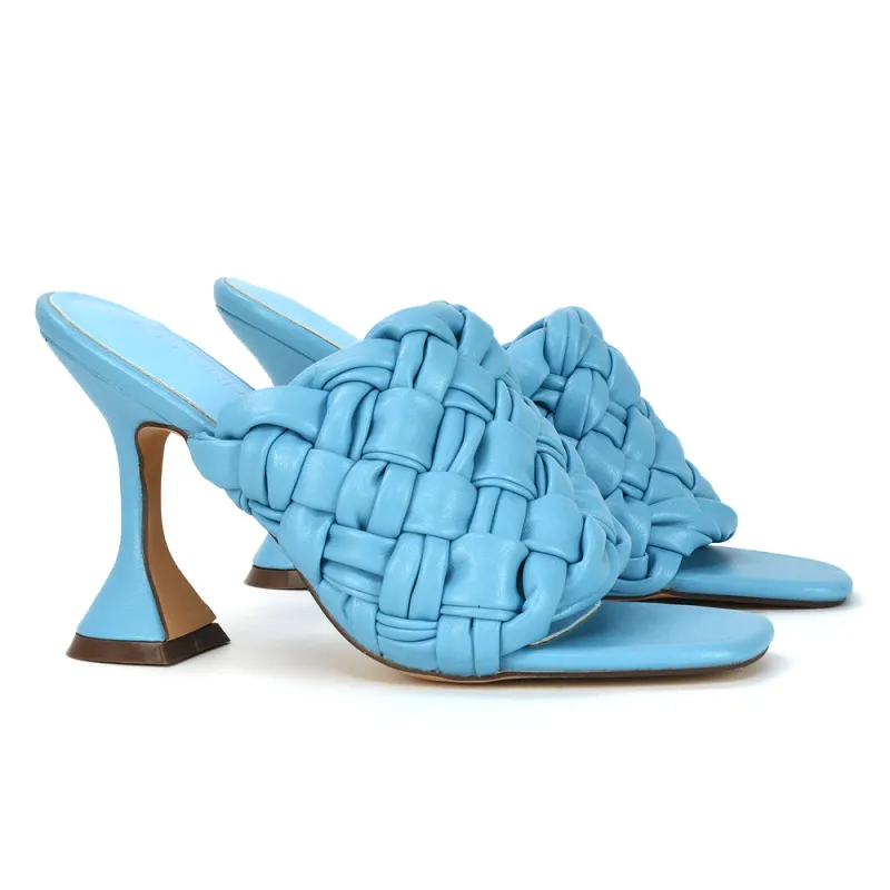 Jaci Woven Sandal Strap Square Toe Sculptured Flared Low mid High Heel Mules in Blue Synthetic Leather sold by XYlondon