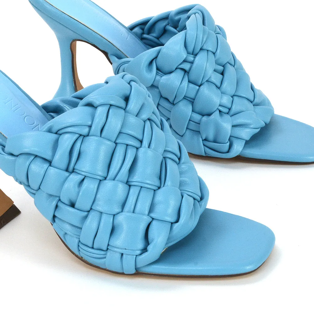 Jaci Woven Sandal Strap Square Toe Sculptured Flared Low mid High Heel Mules in Blue Synthetic Leather sold by XYlondon product image thumbnail 4