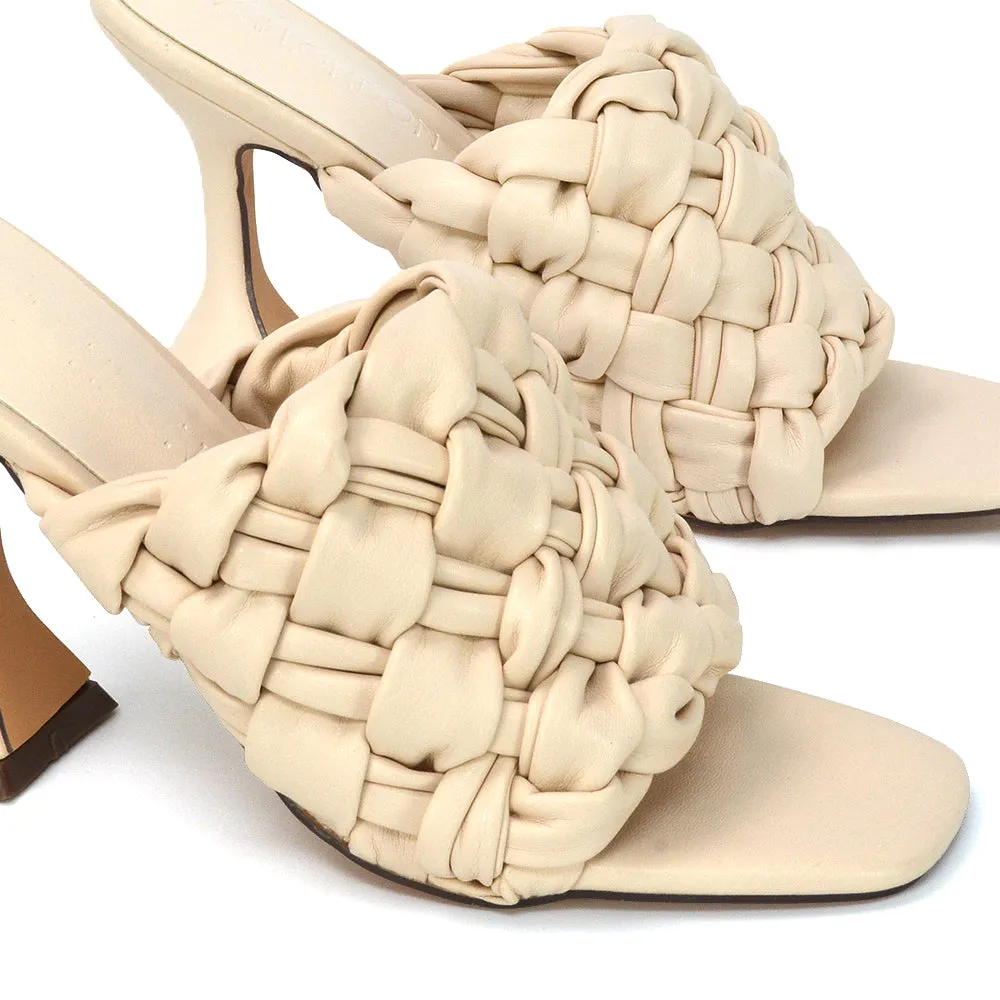 Jaci Woven Sandal Strap Square Toe Sculptured Flared Low mid High Heel Mules in Nude Synthetic Leather sold by XYlondon product image thumbnail 4