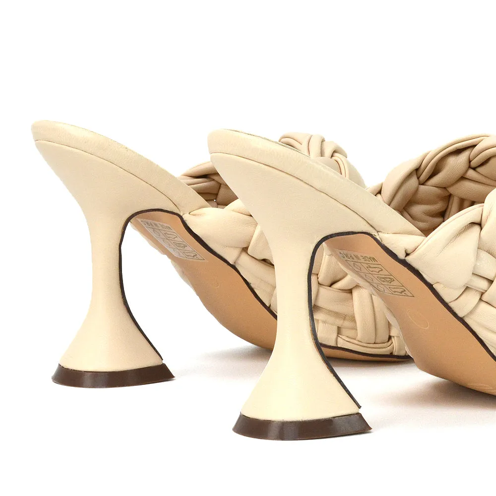 Jaci Woven Sandal Strap Square Toe Sculptured Flared Low mid High Heel Mules in Nude Synthetic Leather sold by XYlondon product image thumbnail 2