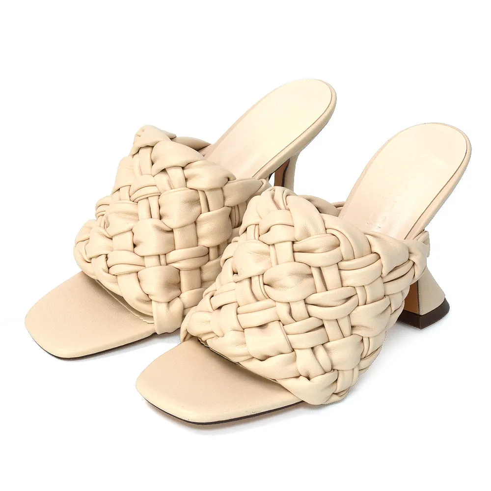 Jaci Woven Sandal Strap Square Toe Sculptured Flared Low mid High Heel Mules in Nude Synthetic Leather sold by XYlondon product image thumbnail 5