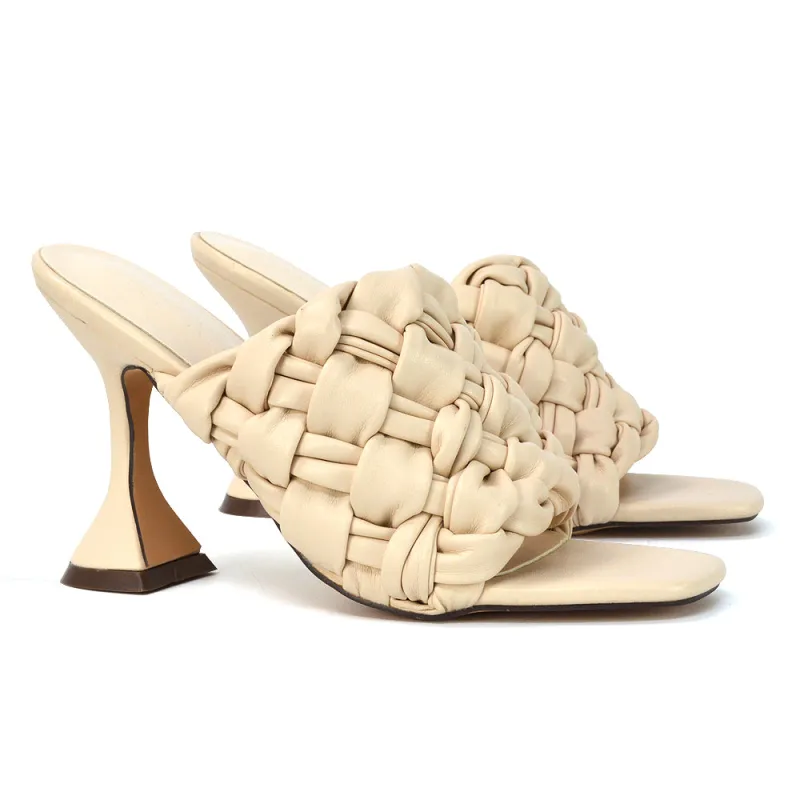 Jaci Woven Sandal Strap Square Toe Sculptured Flared Low mid High Heel Mules in Nude Synthetic Leather sold by XYlondon