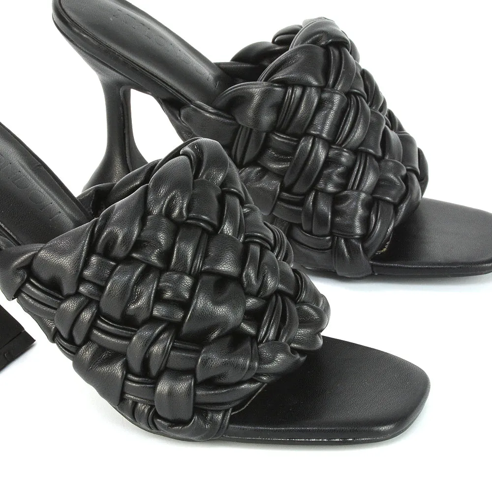 Jaci Woven Sandal Strap Square Toe Sculptured Flared Low mid High Heel Mules in Black Synthetic Leather sold by XYlondon product image thumbnail 4