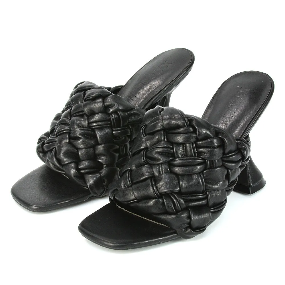 Jaci Woven Sandal Strap Square Toe Sculptured Flared Low mid High Heel Mules in Black Synthetic Leather sold by XYlondon product image thumbnail 5
