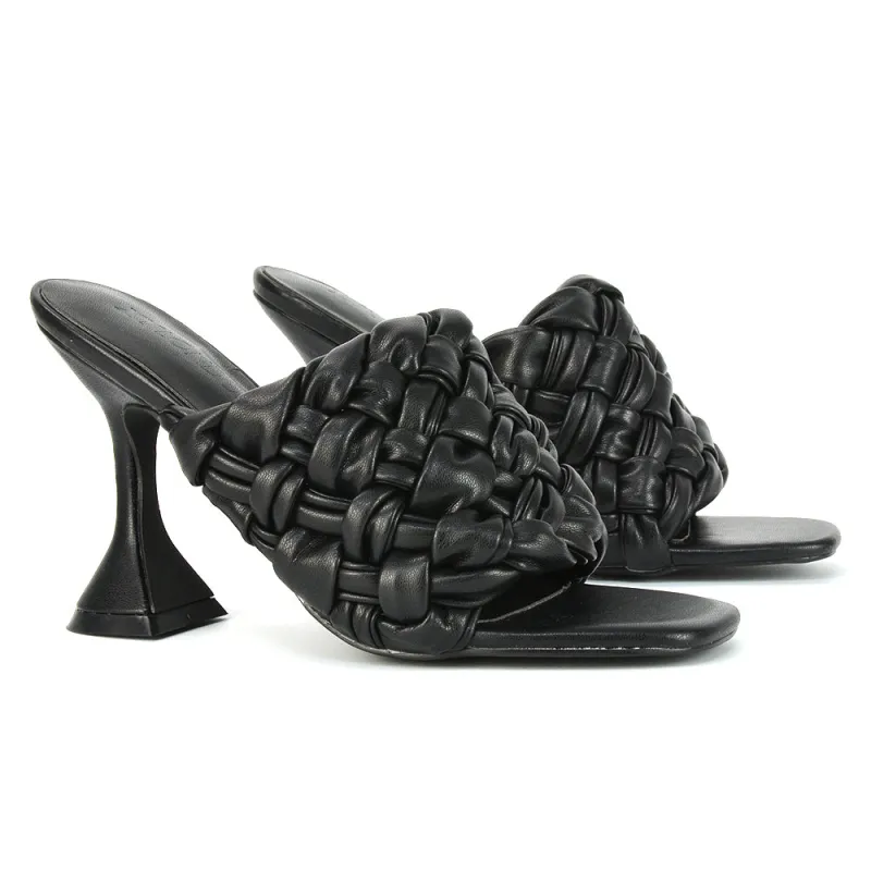 Jaci Woven Sandal Strap Square Toe Sculptured Flared Low mid High Heel Mules in Black Synthetic Leather sold by XYlondon
