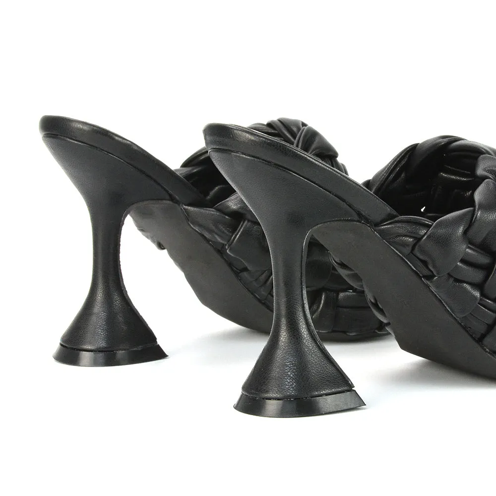 Jaci Woven Sandal Strap Square Toe Sculptured Flared Low mid High Heel Mules in Black Synthetic Leather sold by XYlondon product image thumbnail 2