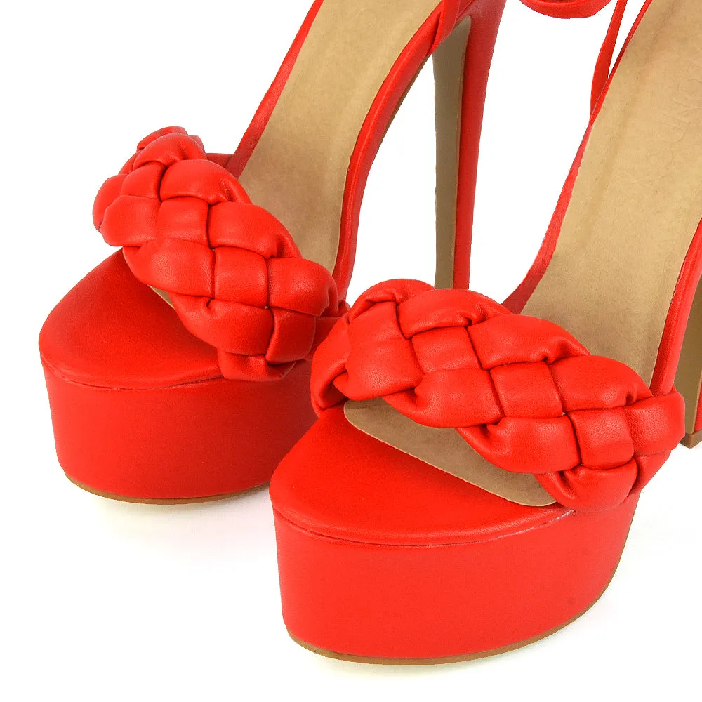 Yris Woven Strap Lace up Platform Stiletto Heel in Red Synthetic Leather sold by XYlondon product image thumbnail 4