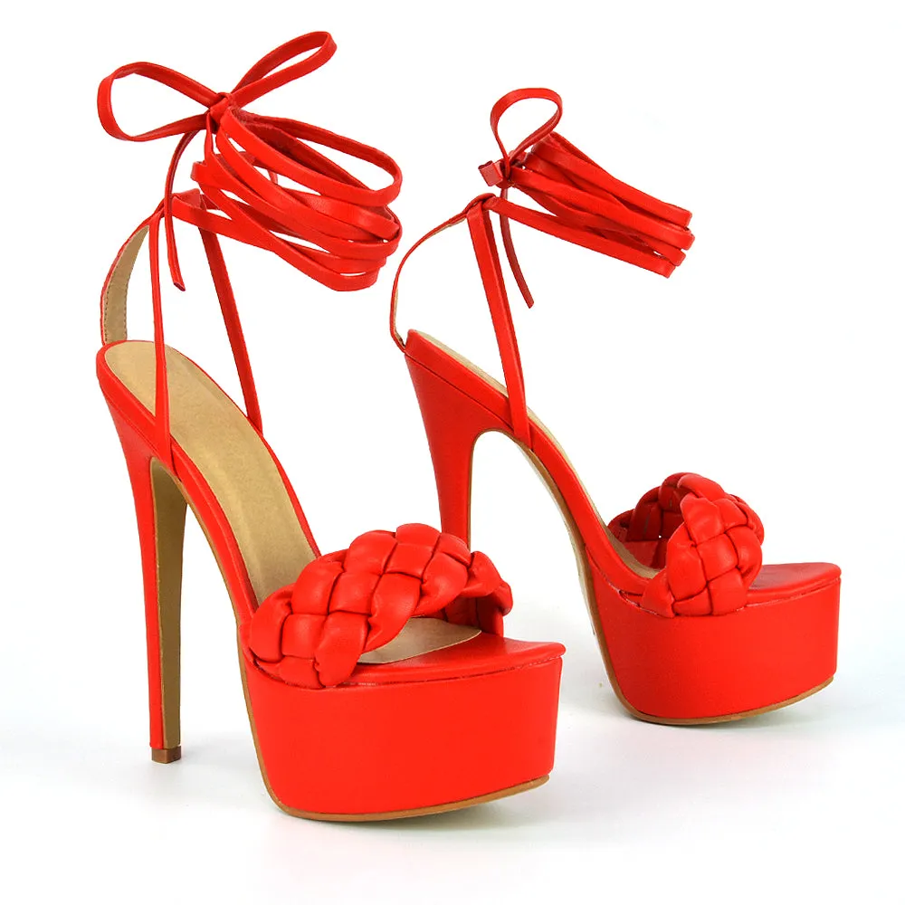 Yris Woven Strap Lace up Platform Stiletto Heel in Red Synthetic Leather sold by XYlondon