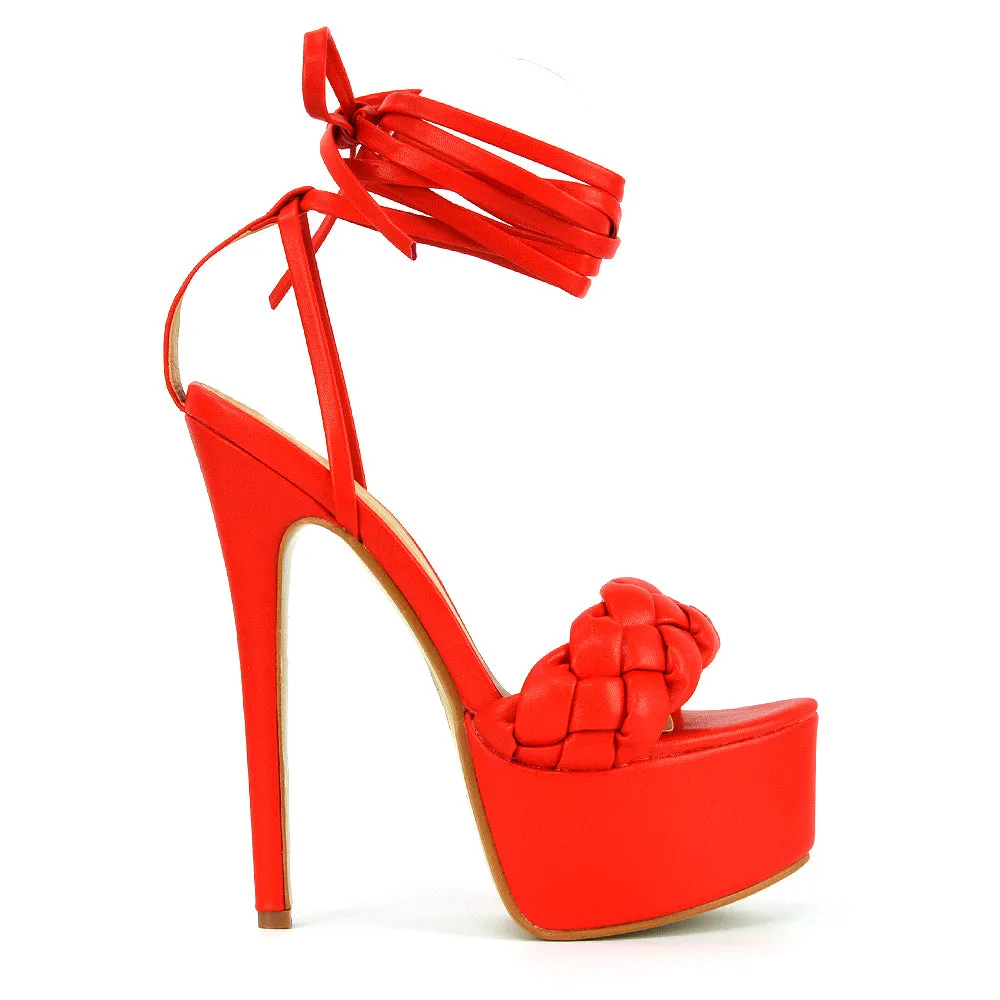 Yris Woven Strap Lace up Platform Stiletto Heel in Red Synthetic Leather sold by XYlondon product image thumbnail 2