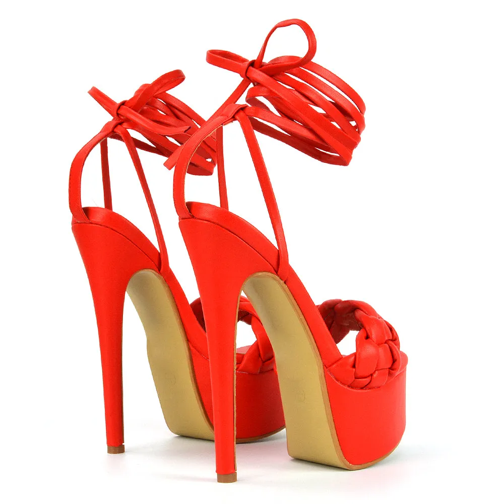 Yris Woven Strap Lace up Platform Stiletto Heel in Red Synthetic Leather sold by XYlondon product image thumbnail 3