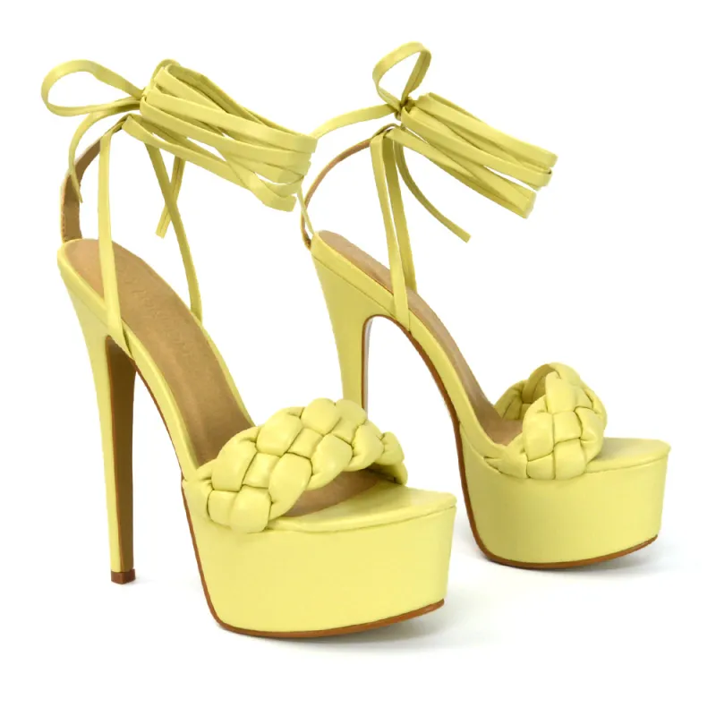 Yris Woven Strap Lace up Platform Stiletto Heel in Yellow Synthetic Leather made by XYlondon