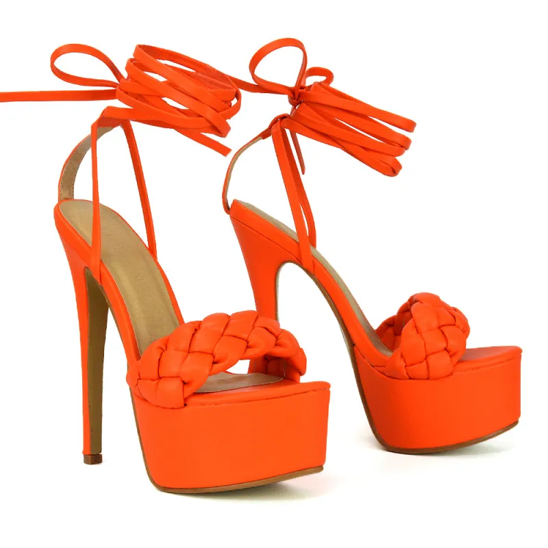 Yris Woven Strap Lace up Platform Stiletto Heel in Orange Synthetic Leather sold by XYlondon