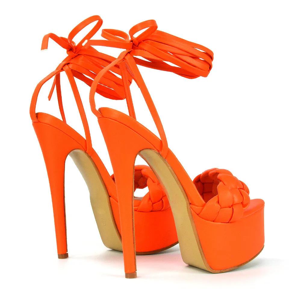 Yris Woven Strap Lace up Platform Stiletto Heel in Orange Synthetic Leather sold by XYlondon product image thumbnail 3