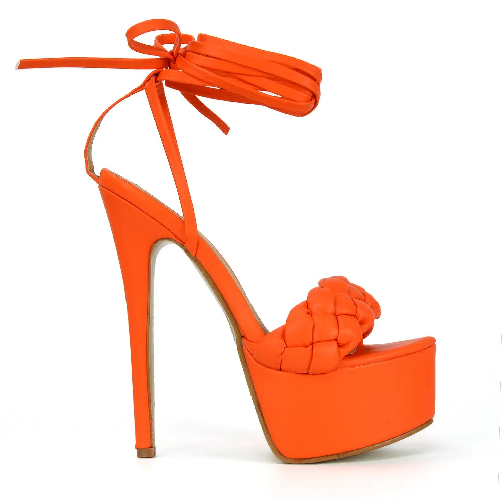 Yris Woven Strap Lace up Platform Stiletto Heel in Orange Synthetic Leather sold by XYlondon product image thumbnail 2
