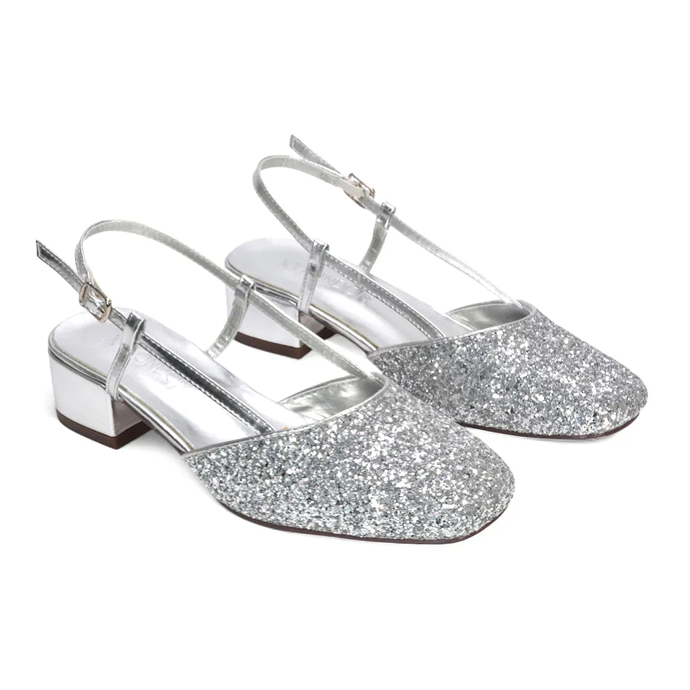 Daphne Slingback Strappy Low Block Heel Sandal Square Toe Court Shoes in Silver Glitter sold by XYlondon product image thumbnail 5
