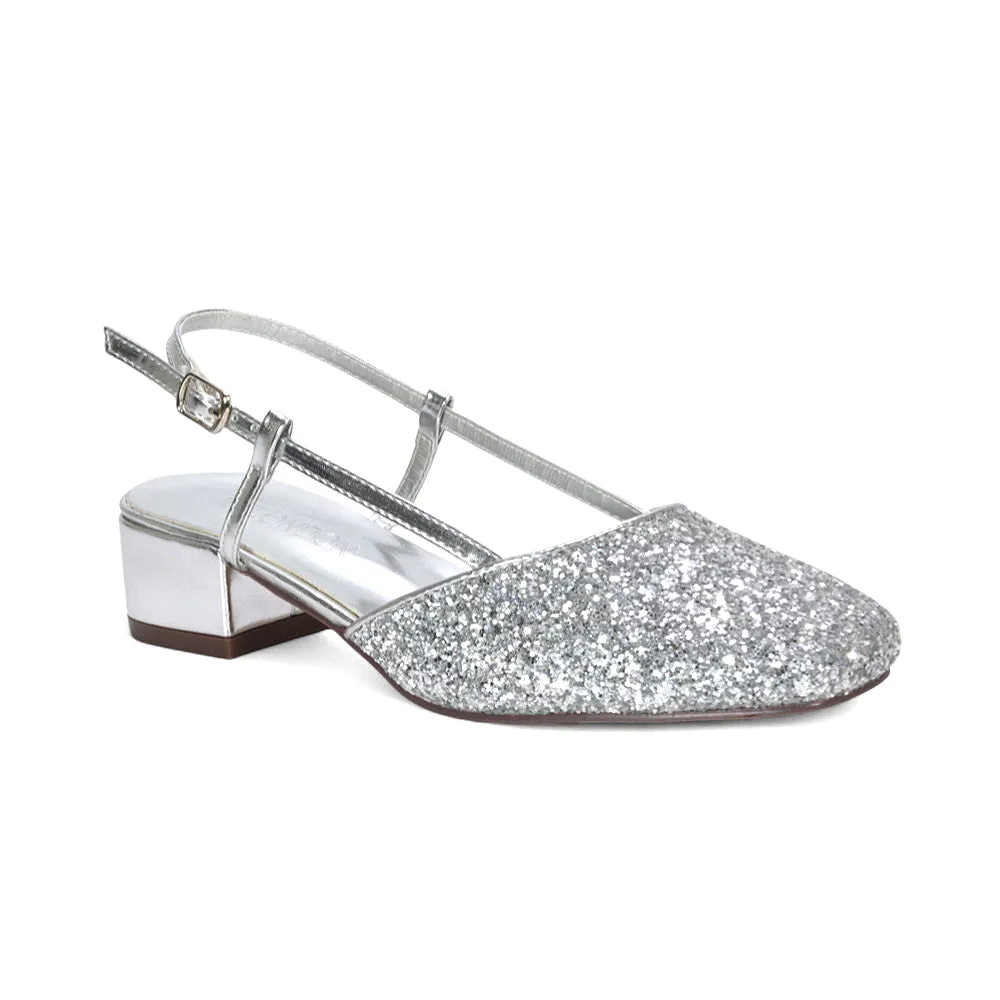 Daphne Slingback Strappy Low Block Heel Sandal Square Toe Court Shoes in Silver Glitter sold by XYlondon product image thumbnail 3