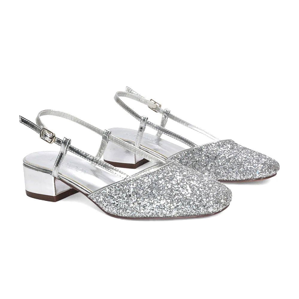 Daphne Slingback Strappy Low Block Heel Sandal Square Toe Court Shoes in Silver Glitter sold by XYlondon