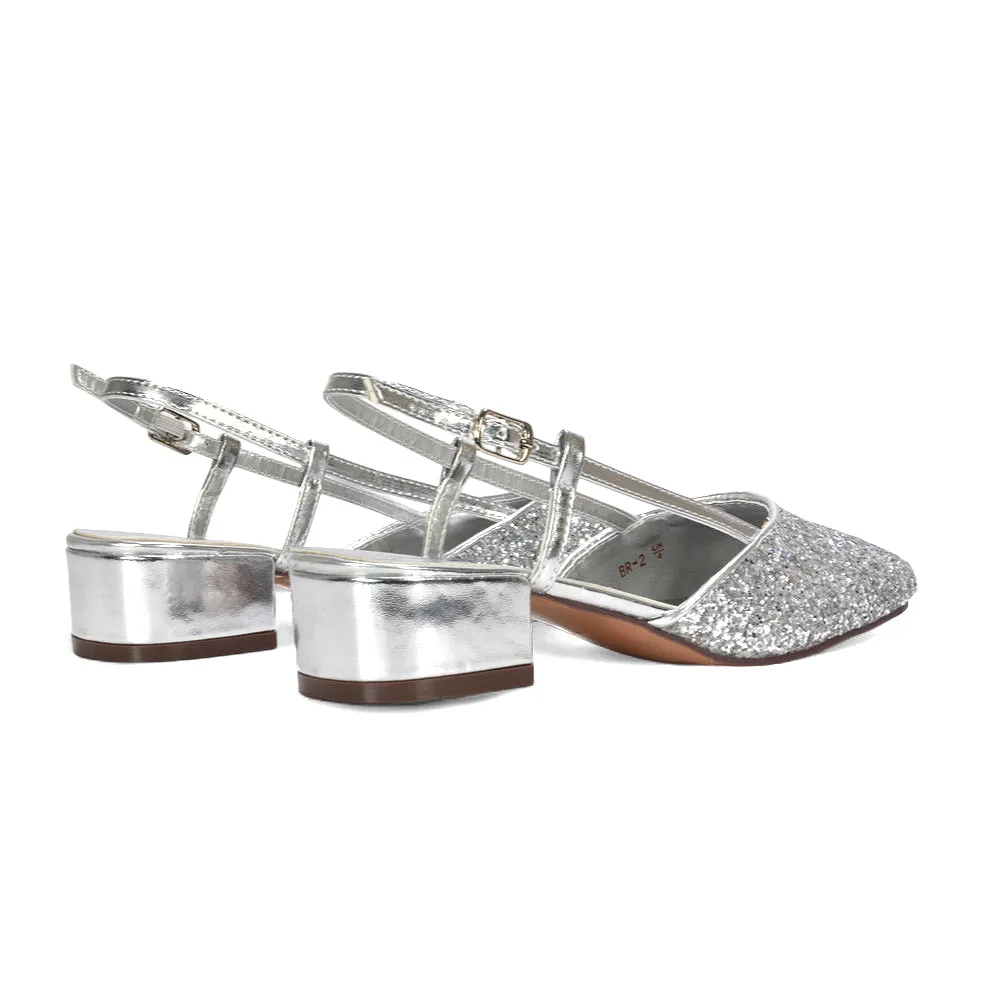 Daphne Slingback Strappy Low Block Heel Sandal Square Toe Court Shoes in Silver Glitter sold by XYlondon product image thumbnail 4