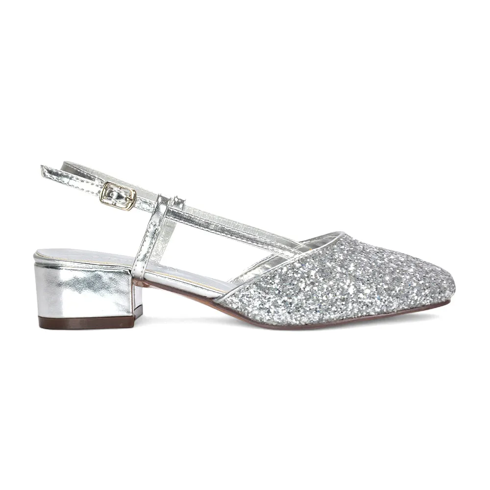 Daphne Slingback Strappy Low Block Heel Sandal Square Toe Court Shoes in Silver Glitter sold by XYlondon product image thumbnail 2