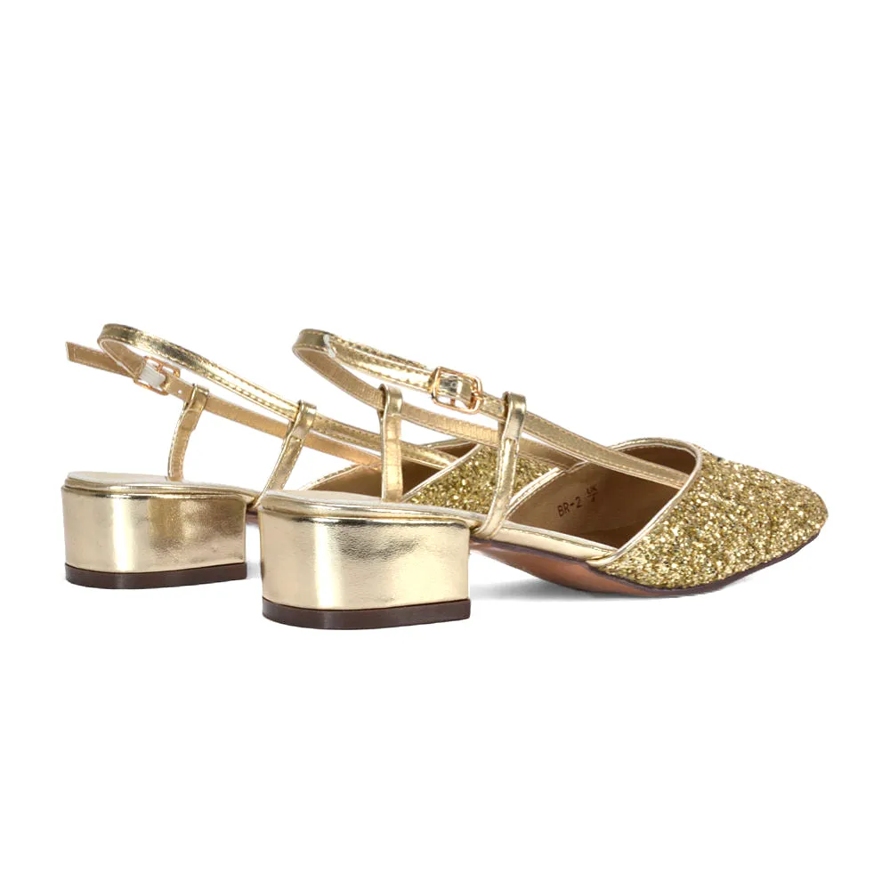 Daphne Slingback Strappy Low Block Heel Sandal Square Toe Court Shoes in Gold Glitter sold by XYlondon product image thumbnail 5