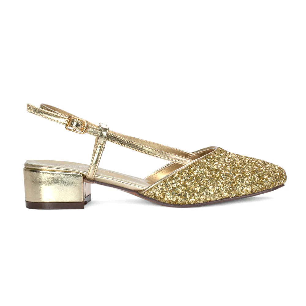 Daphne Slingback Strappy Low Block Heel Sandal Square Toe Court Shoes in Gold Glitter sold by XYlondon product image thumbnail 2