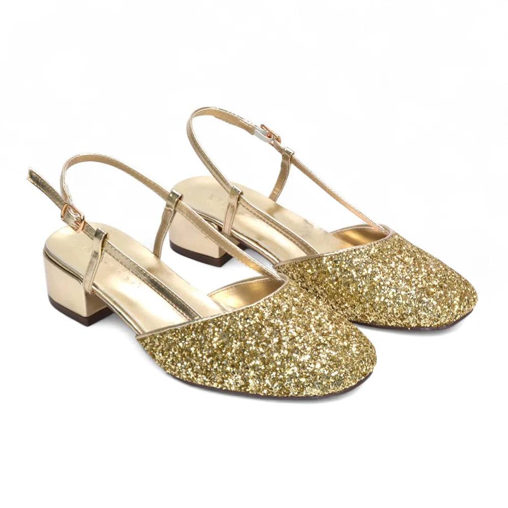 Daphne Slingback Strappy Low Block Heel Sandal Square Toe Court Shoes in Gold Glitter sold by XYlondon product image thumbnail 4
