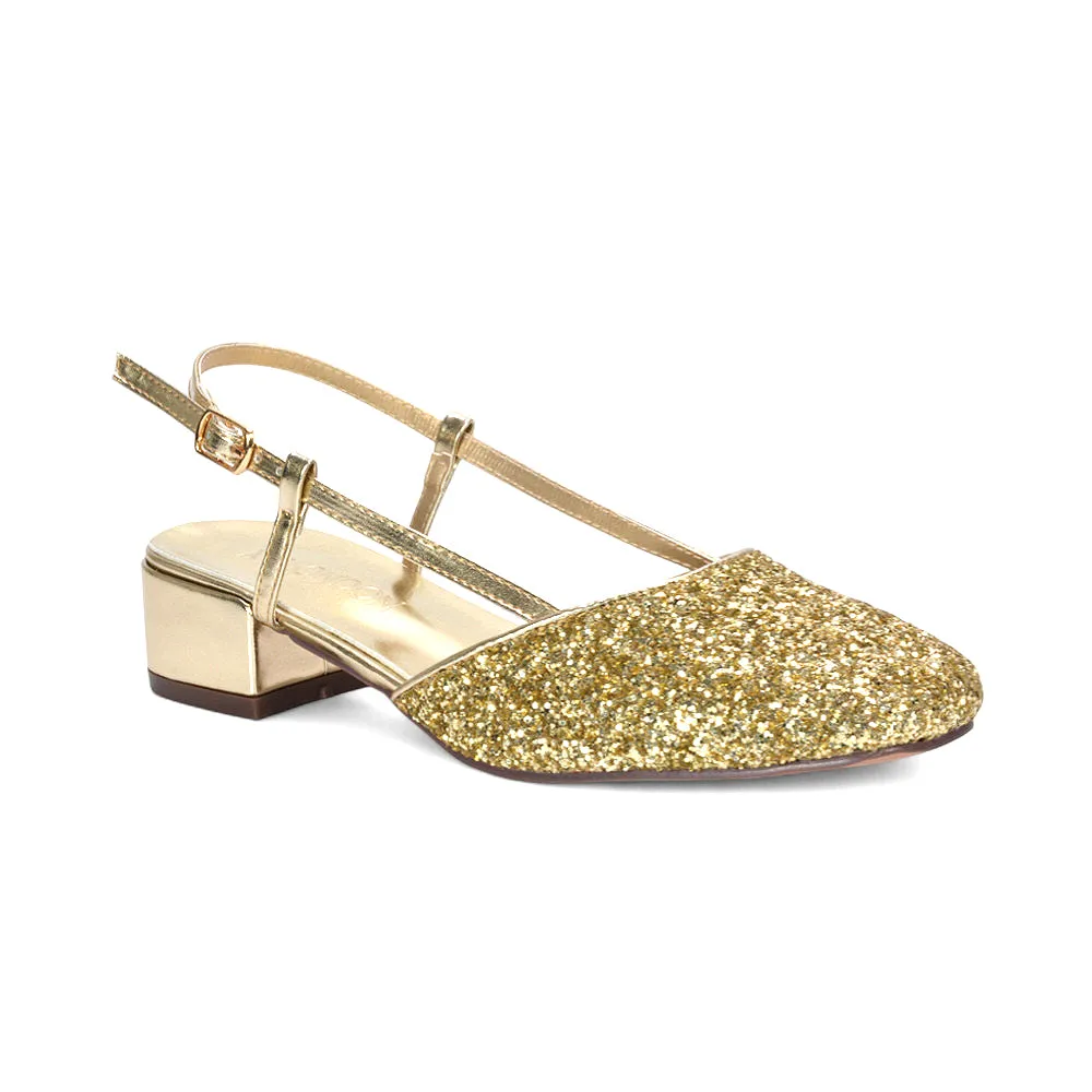 Daphne Slingback Strappy Low Block Heel Sandal Square Toe Court Shoes in Gold Glitter sold by XYlondon product image thumbnail 3