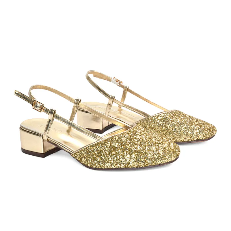 Daphne Slingback Strappy Low Block Heel Sandal Square Toe Court Shoes in Gold Glitter sold by XYlondon