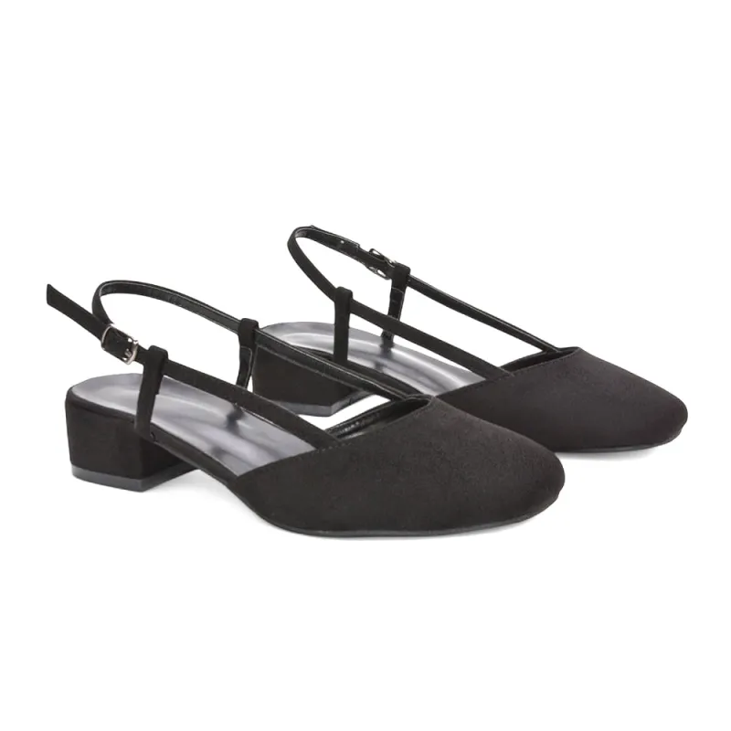 Daphne Slingback Strappy Low Block Heel Sandal Square Toe Court Shoes in Black Faux Suede sold by XYlondon