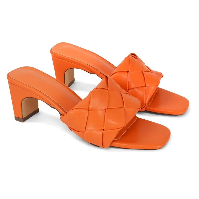 Alaska Woven Square Peep Toe Block Low Heeled Slip On Mule Sandals in Orange Synthetic Leather sold by XYlondon