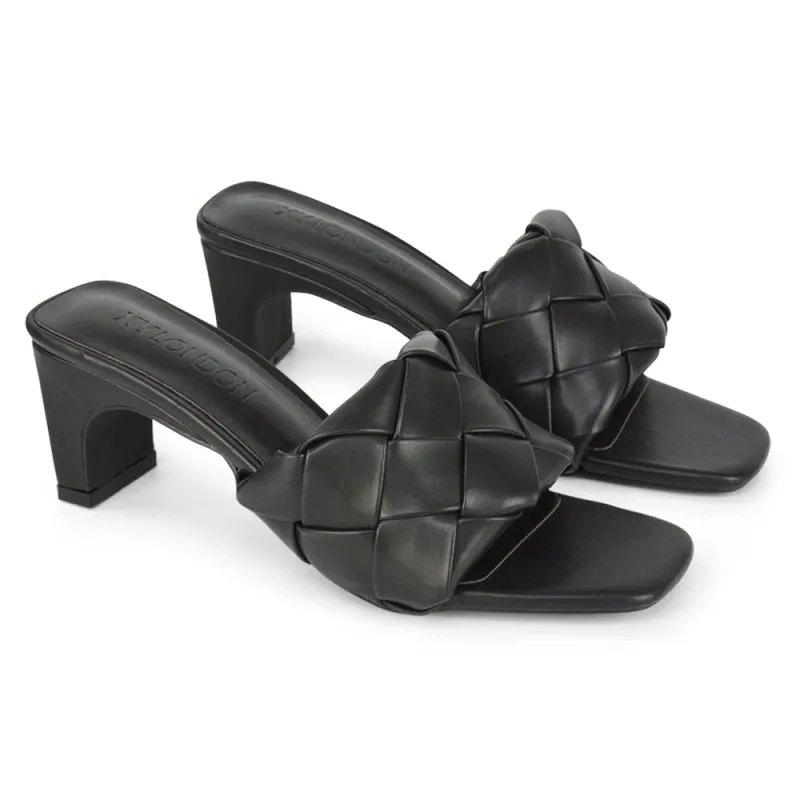 Alaska Woven Square Peep Toe Block Low Heeled Slip On Mule Sandals in Black Synthetic Leather sold by XYlondon