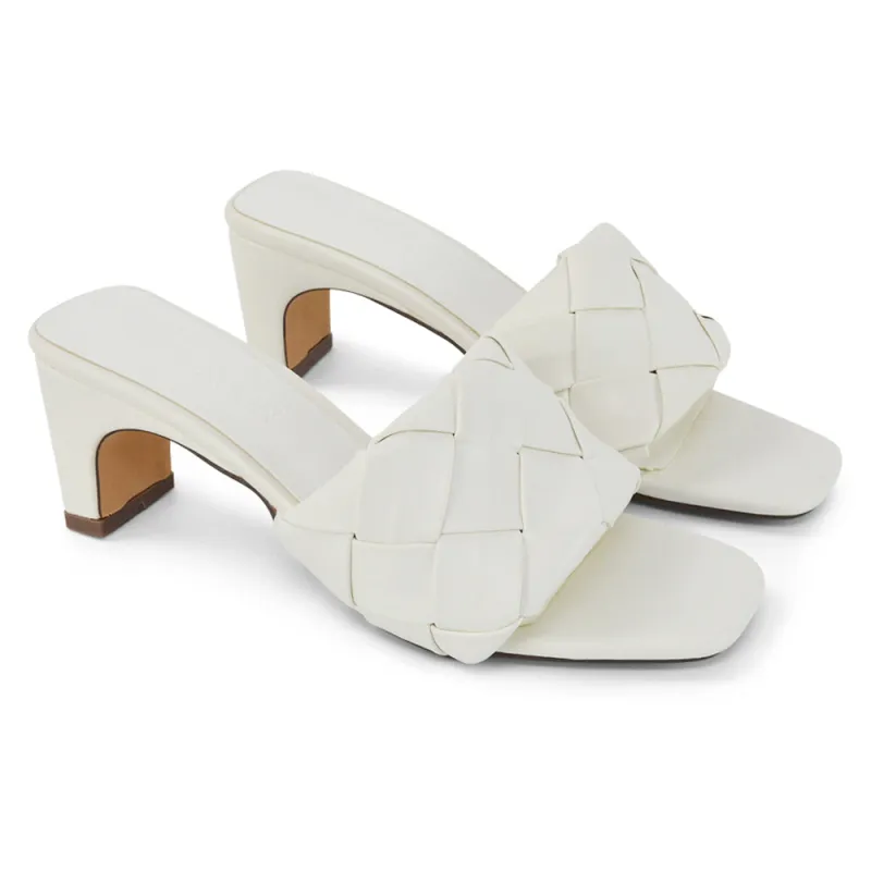 Alaska Woven Square Peep Toe Block Low Heeled Slip On Mule Sandals in White Synthetic Leather sold by XYlondon