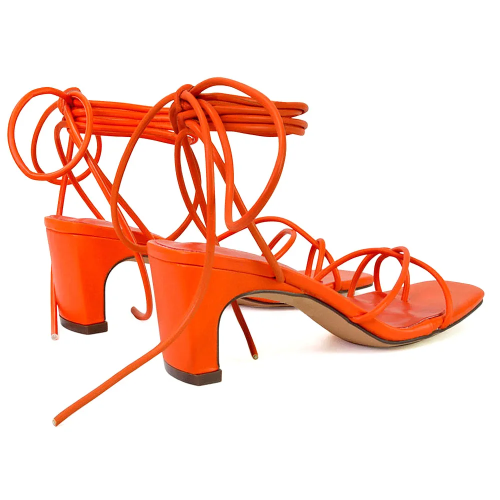 Atlas Lace Up Strappy Thin Mid Block Heel Square Toe Sandals in Orange sold by XYlondon product image thumbnail 2