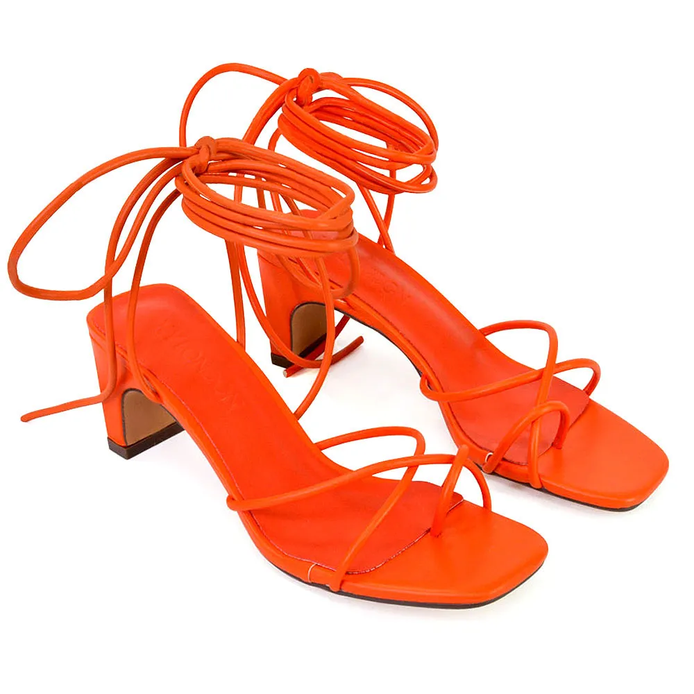Atlas Lace Up Strappy Thin Mid Block Heel Square Toe Sandals in Orange sold by XYlondon