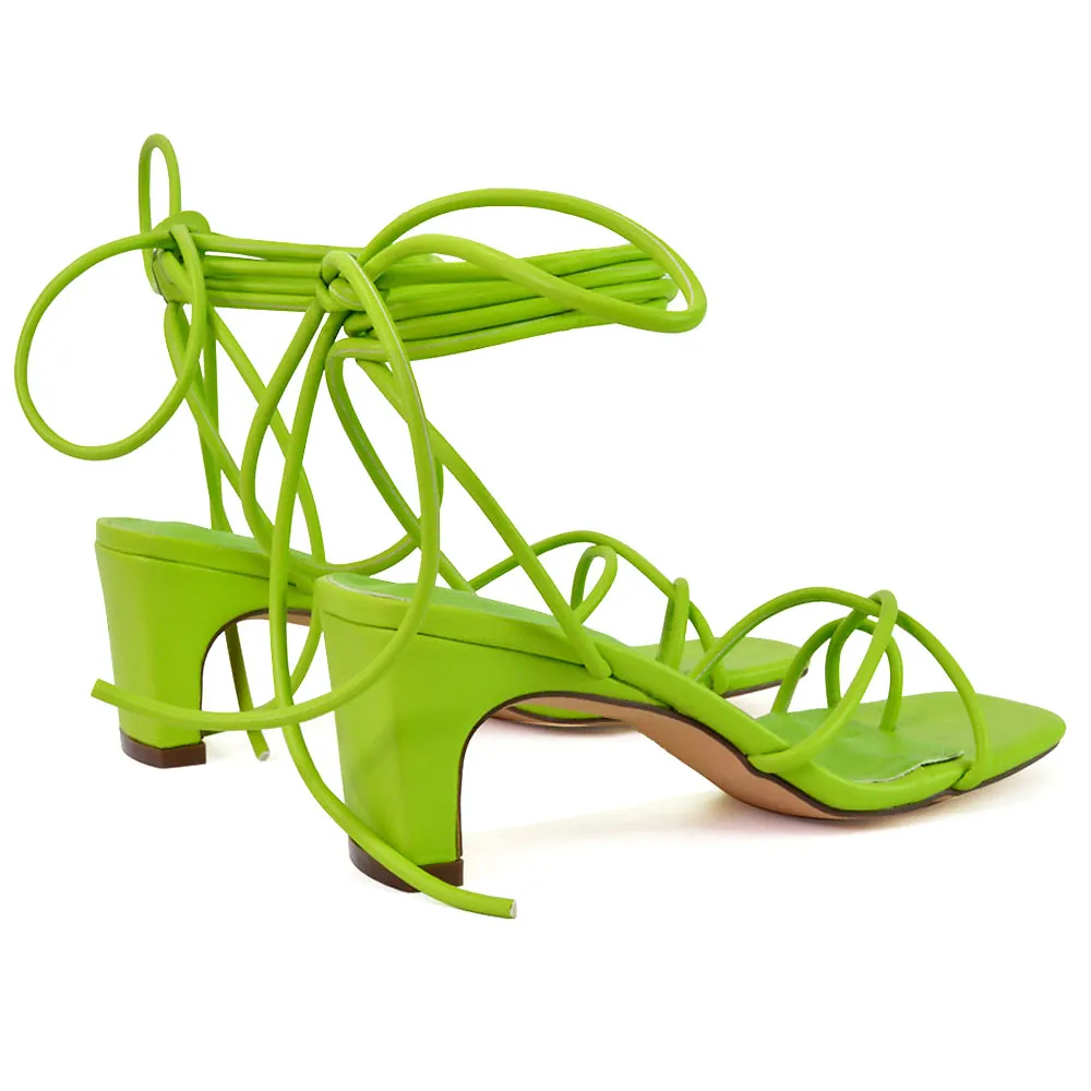 Atlas Lace Up Strappy Thin Mid Block Heel Square Toe Sandals in Green sold by XYlondon product image thumbnail 2