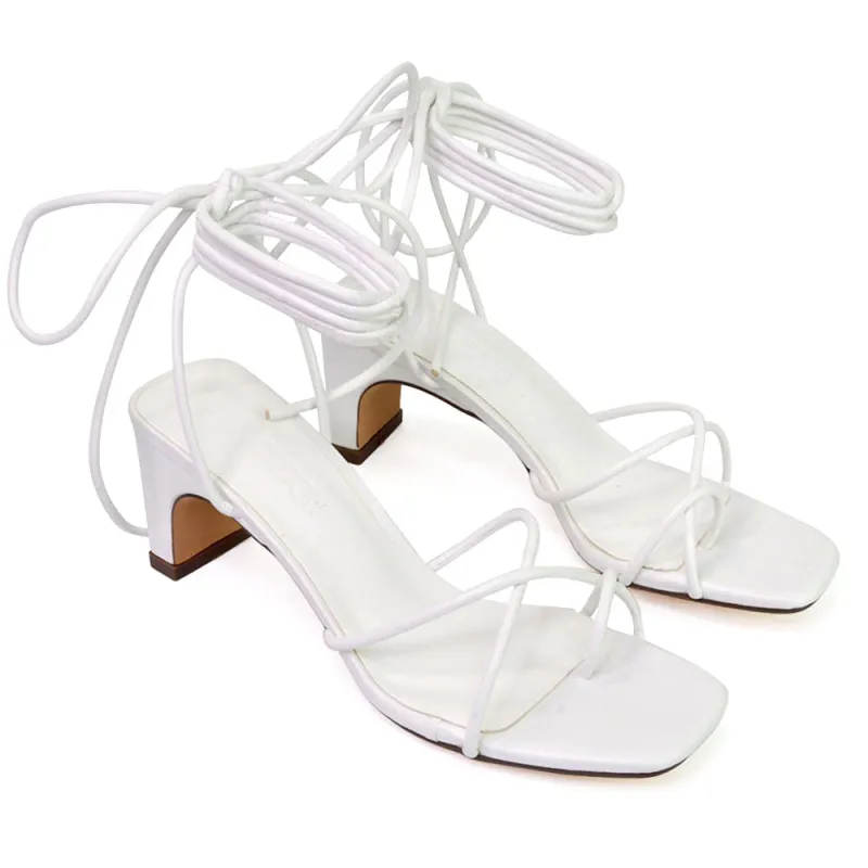 Atlas Lace Up Strappy Thin Mid Block Heel Square Toe Sandals in White sold by XYlondon