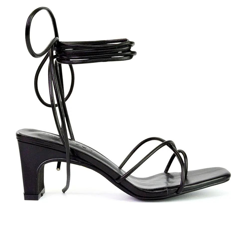 Atlas Lace Up Strappy Thin Mid Block Heel Square Toe Sandals in Black sold by XYlondon product image thumbnail 3