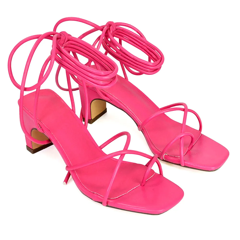 Atlas Lace Up Strappy Thin Mid Block Heel Square Toe Sandals in Pink sold by XYlondon