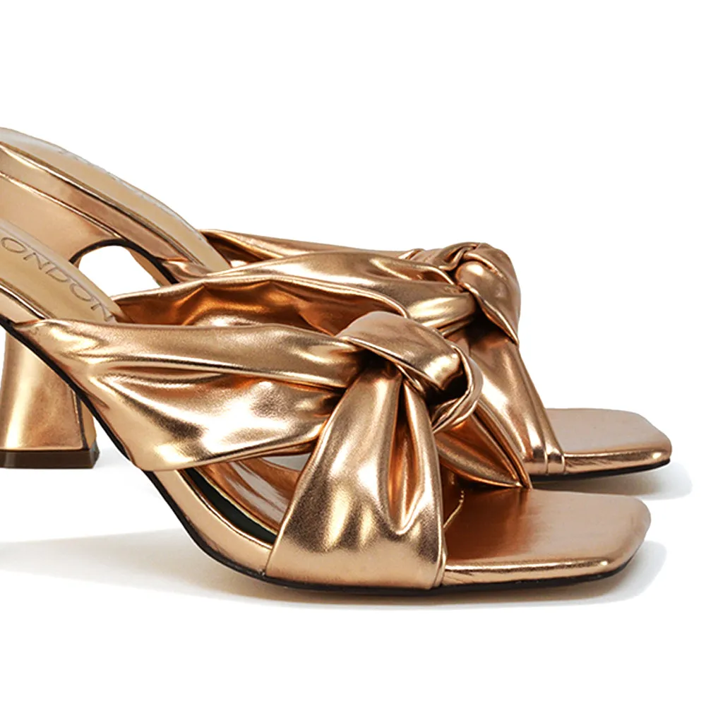 Misty Knot Detail Strappy Square Toe Block High Heel Mules in Gold Metallic sold by XYlondon product image thumbnail 4