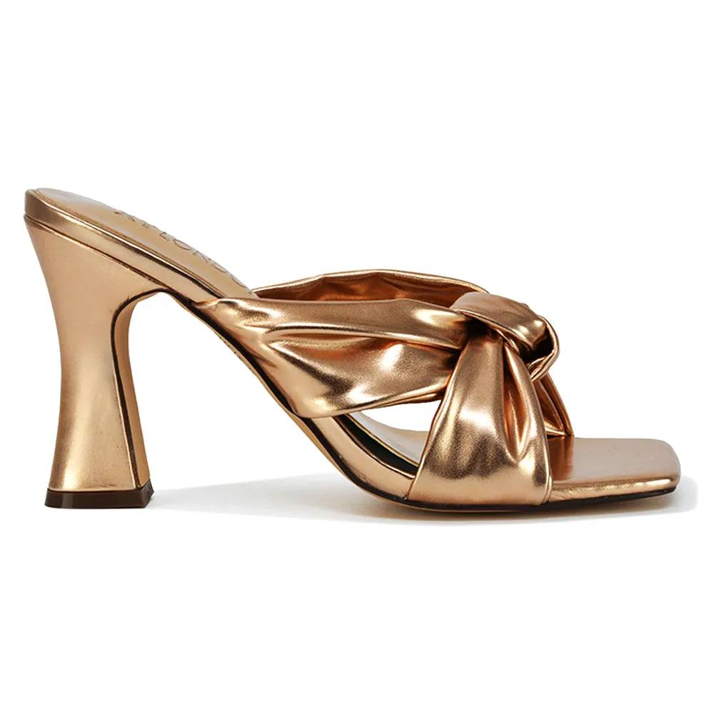Misty Knot Detail Strappy Square Toe Block High Heel Mules in Gold Metallic sold by XYlondon product image thumbnail 3