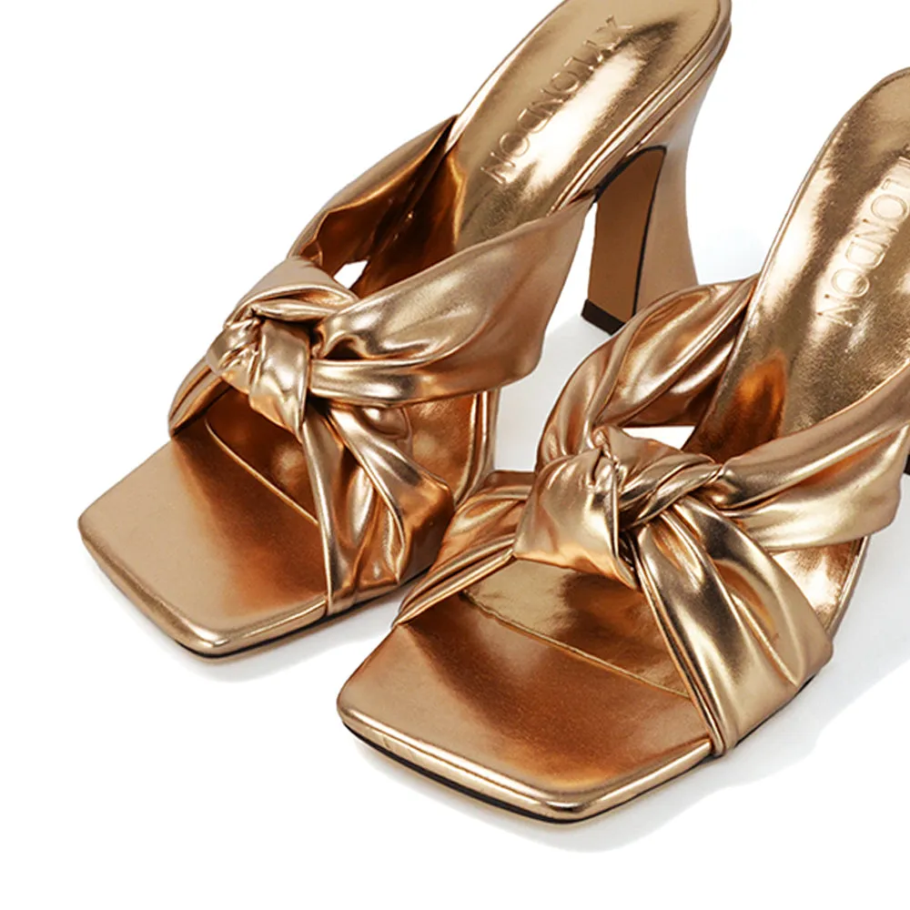 Misty Knot Detail Strappy Square Toe Block High Heel Mules in Gold Metallic sold by XYlondon product image thumbnail 5