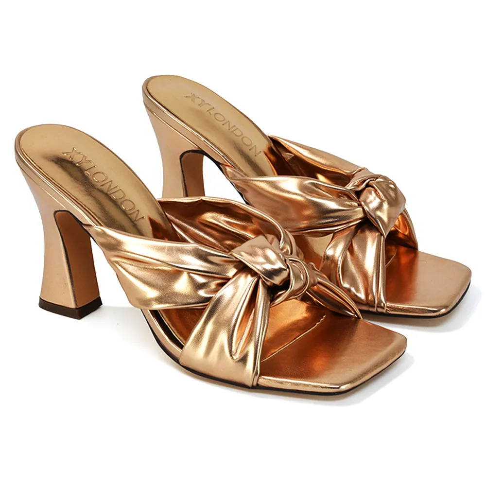 Misty Knot Detail Strappy Square Toe Block High Heel Mules in Gold Metallic sold by XYlondon
