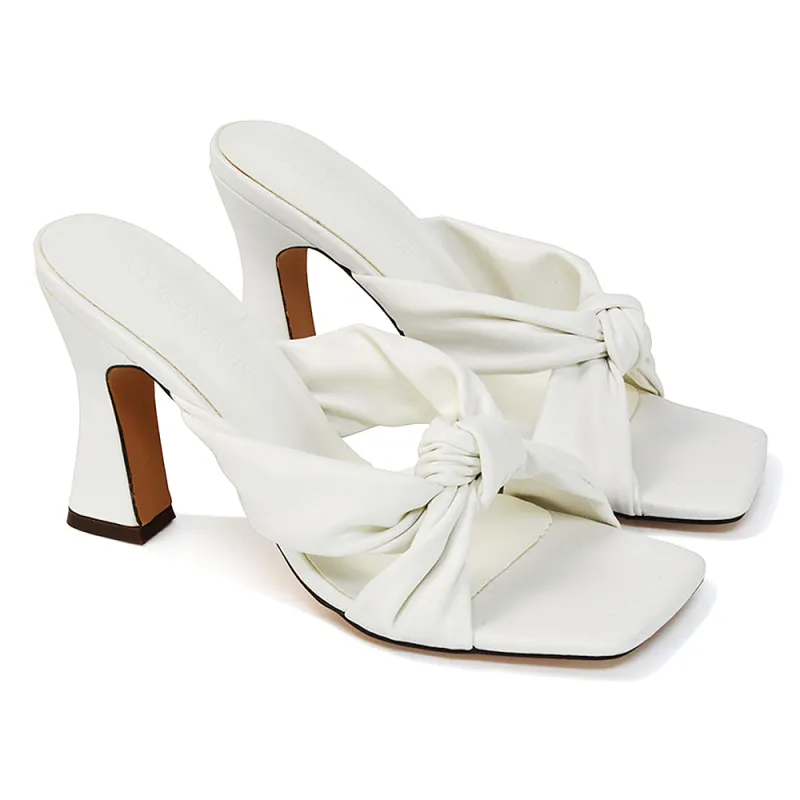 Misty Knot Detail Strappy Square Toe Block High Heel Mules in White Synthetic Leather sold by XYlondon