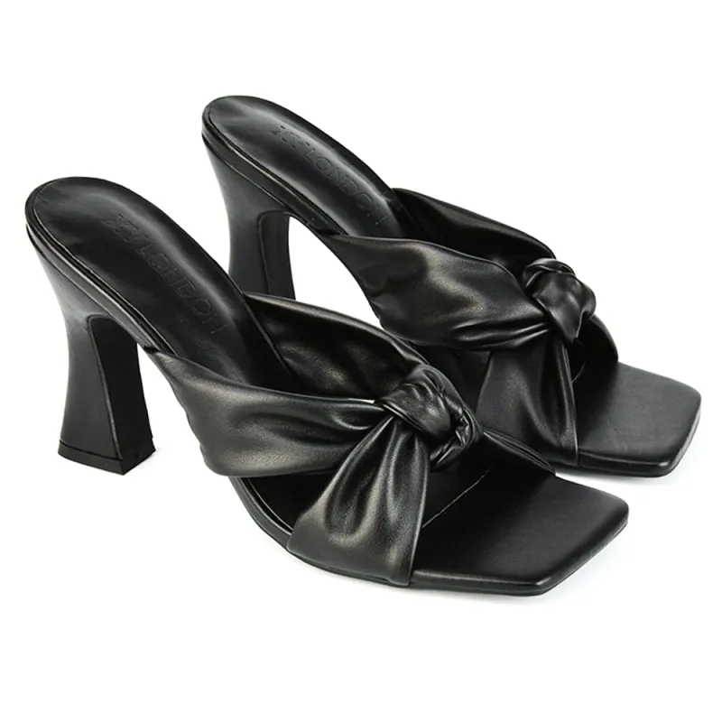 Misty Knot Detail Strappy Square Toe Block High Heel Mules in Black Synthetic Leather sold by XYlondon