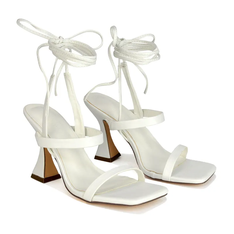 Taytum Square Toe Strappy Lace Up Sandal Flared High Heels in White Synthetic Leather sold by XYlondon