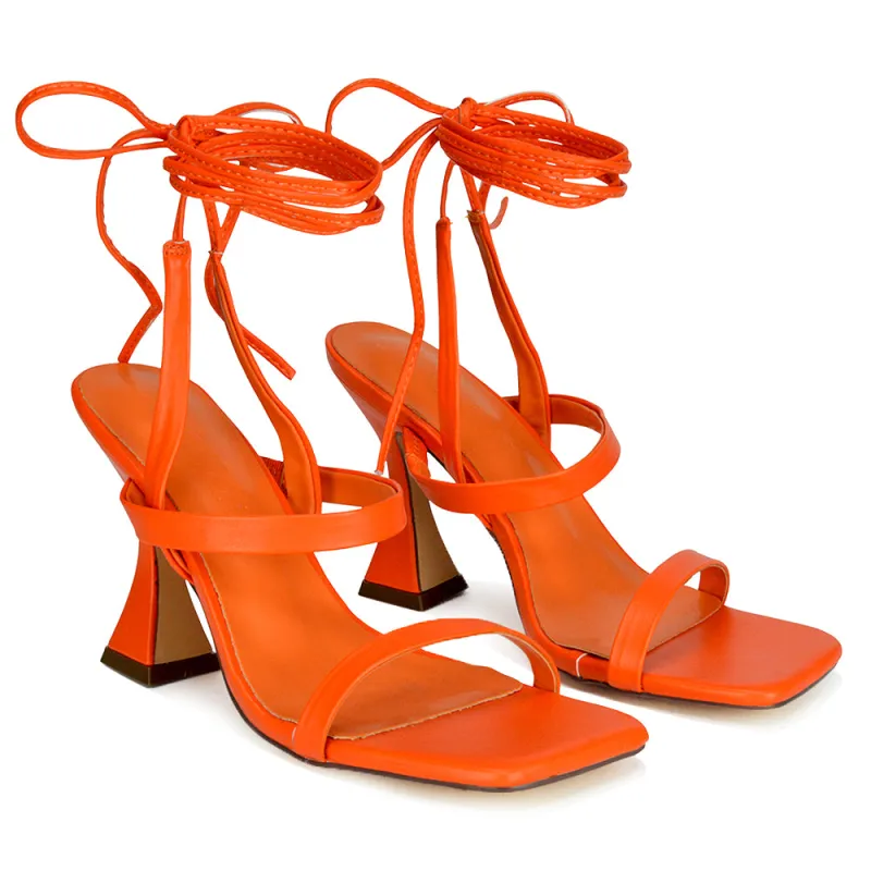 Taytum Square Toe Strappy Lace Up Sandal Flared High Heels in Orange Synthetic Leather sold by XYlondon